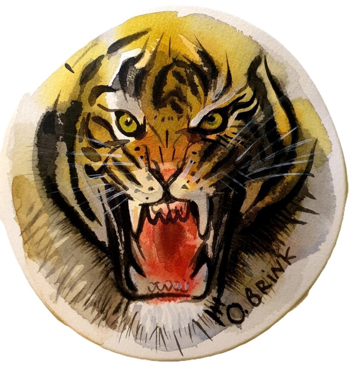 Painting titled "Tiger" by Olga Brink, Original Artwork, Watercolor