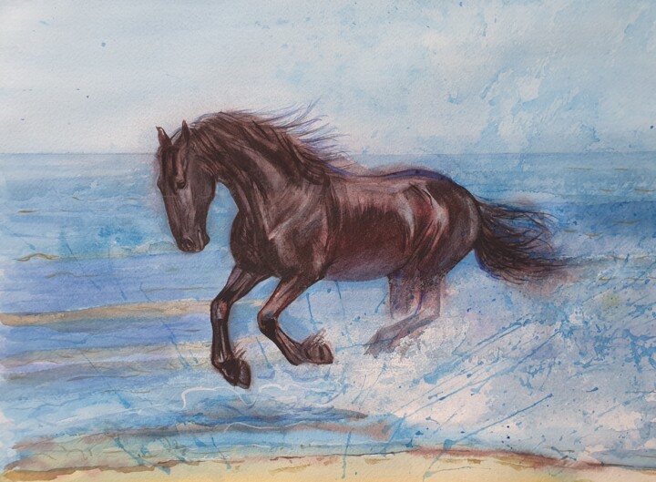 Painting titled "Friesian Horse" by Olga Brink, Original Artwork, Watercolor