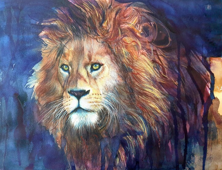 Ζωγραφική με τίτλο "Lion" από Olga Brink, Αυθεντικά έργα τέχνης, Ακουαρέλα