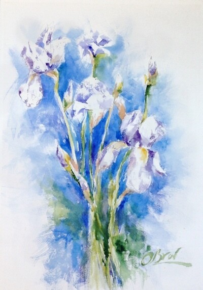 Картина под названием "White irises, water…" - Olga Brovchenko, Подлинное произведение искусства, Акварель