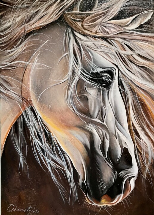 Картина под названием "Horse portrait.  CO…" - Olga Chernova, Подлинное произведение искусства, Масло Установлен на Деревянн…