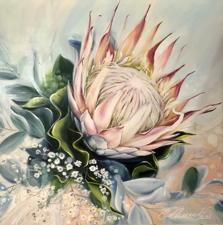 Painting titled "«Protea and eucalyp…" by Olga Chernova, Original Artwork, Oil Mounted on Wood Stretcher frame