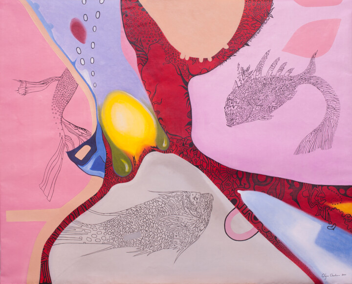 Картина под названием "Fishes swimming in…" - Olga Chertova, Подлинное произведение искусства, Масло Установлен на Деревянна…