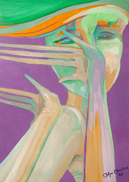 Schilderij getiteld "girl on purple" door Olga Chertova, Origineel Kunstwerk, Acryl Gemonteerd op Karton
