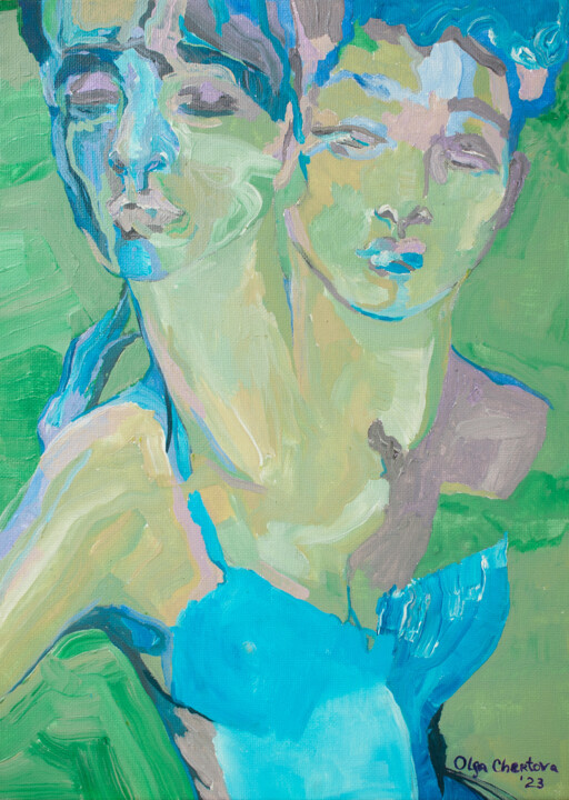 Malarstwo zatytułowany „dreaming on green” autorstwa Olga Chertova, Oryginalna praca, Akryl Zamontowany na Karton