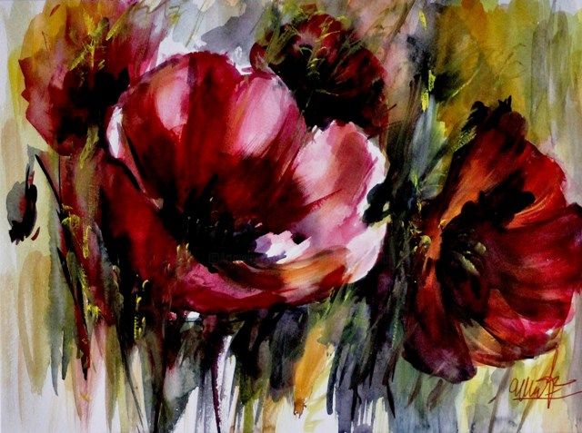 Peinture intitulée "coquelicots-encadre…" par Olga Chilova - Stephan, Œuvre d'art originale, Aquarelle