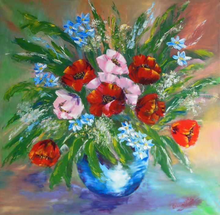 Pintura intitulada "bouquet de fleurs" por Olga Chilova - Stephan, Obras de arte originais, Óleo