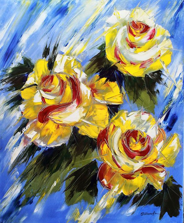 Peinture intitulée "3-roses-fond-bleu" par Olga Chilova - Stephan, Œuvre d'art originale, Huile