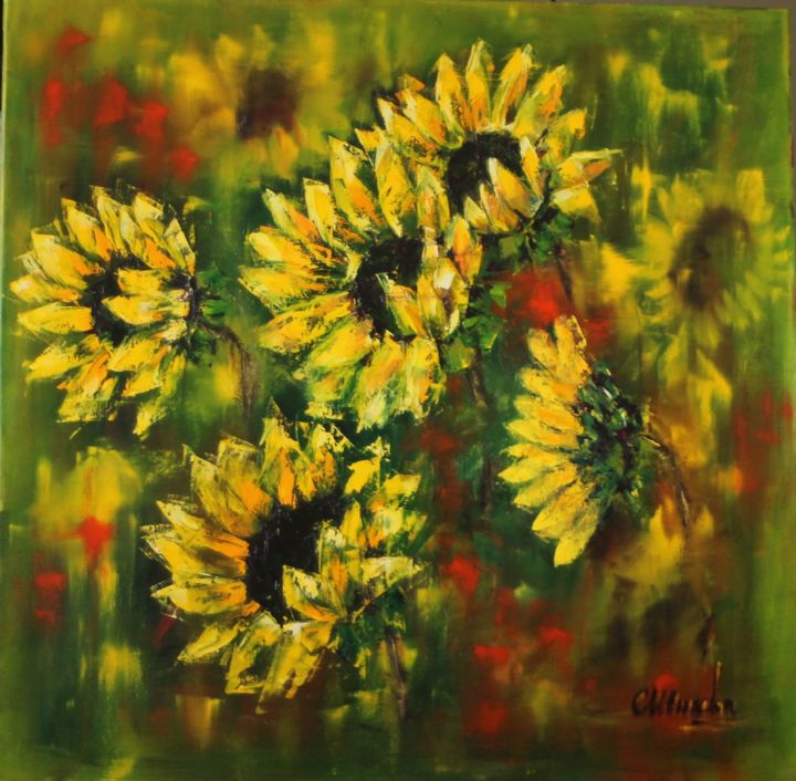 Painting titled "Tournesols en liber…" by Olga Chilova - Stephan, Original Artwork, Oil Mounted on Wood Stretcher frame