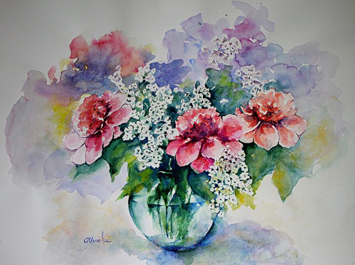 Schilderij getiteld "Fleurs roses Aquare…" door Olga Chilova - Stephan, Origineel Kunstwerk, Aquarel