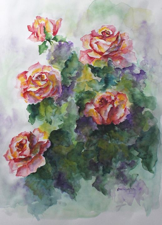 Peinture intitulée "5 roses aquarelle 6…" par Olga Chilova - Stephan, Œuvre d'art originale, Aquarelle