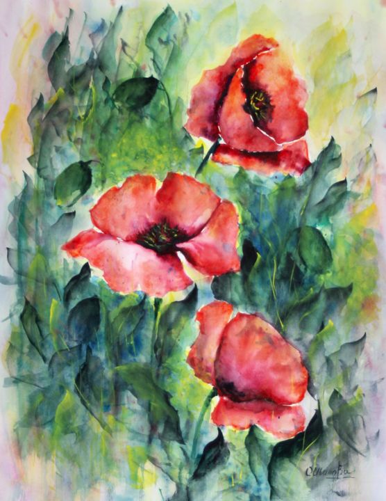 Aquarelle Coquelicots N°3, Painting by Olga Chilova - Stephan | Artmajeur