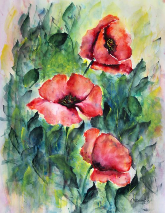 Peinture intitulée "Aquarelle Coquelico…" par Olga Chilova - Stephan, Œuvre d'art originale, Aquarelle