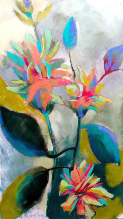 Painting titled "China Rose - Viridi…" by Olga David, Original Artwork, Acrylic Mounted on Wood Stretcher frame