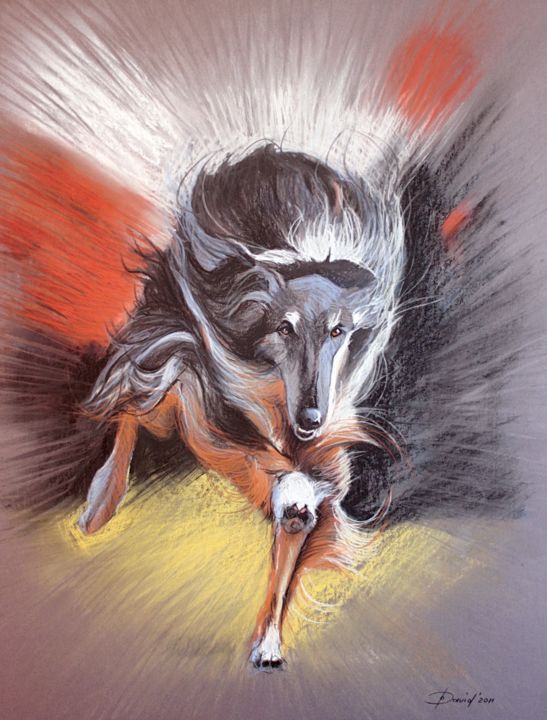 Drawing titled "Hunderennen" by Olga David, Original Artwork, Pastel