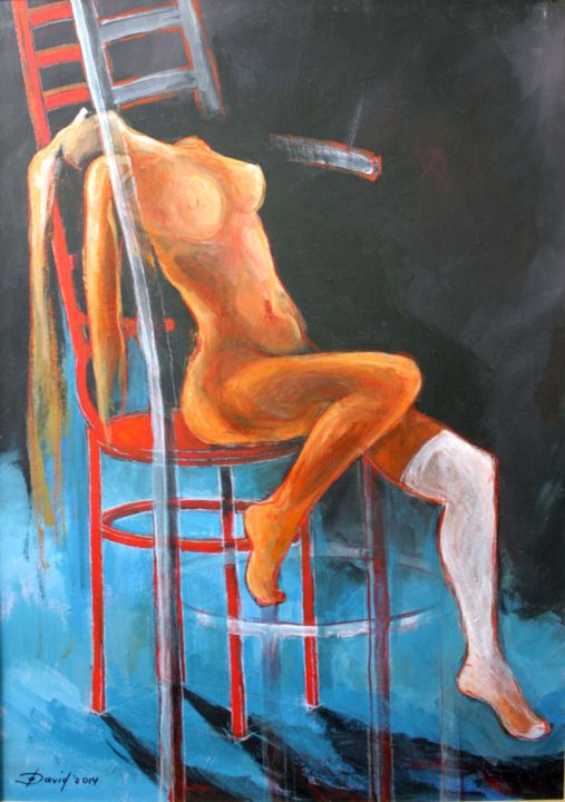 Schilderij getiteld "Red Chair" door Olga David, Origineel Kunstwerk, Acryl Gemonteerd op Karton