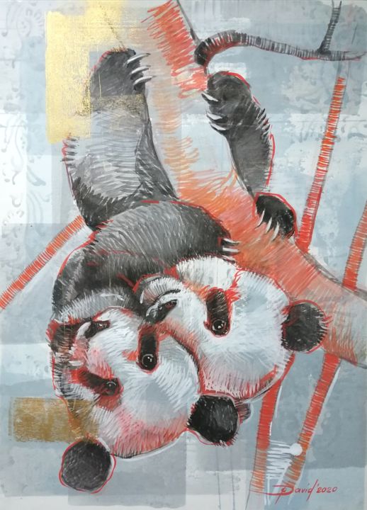 Disegno intitolato "Pandas" da Olga David, Opera d'arte originale, Acquarello