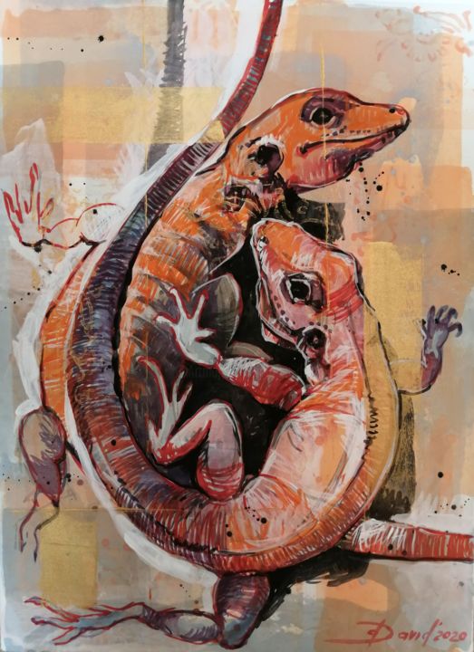 Dibujo titulada "Emerald lizard" por Olga David, Obra de arte original, Acuarela