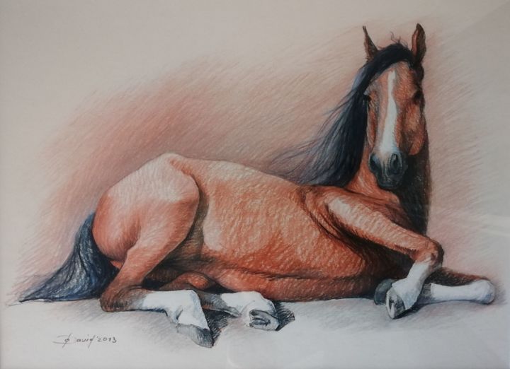 Disegno intitolato "Lying horse" da Olga David, Opera d'arte originale, Pastello