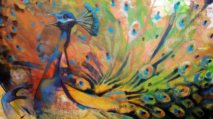 Картина под названием "Female peacock fant…" - Olga David, Подлинное произведение искусства, Акрил