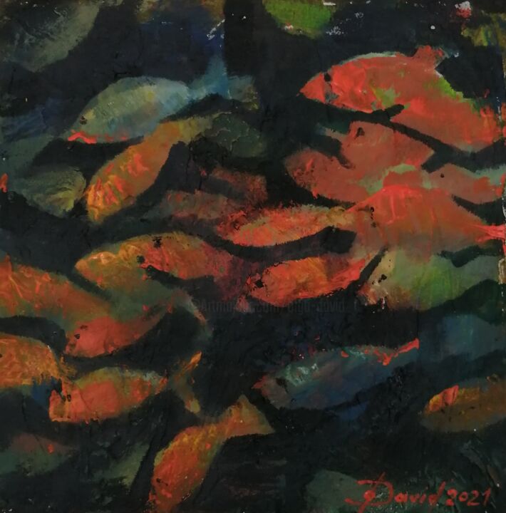 Malerei mit dem Titel "School of fish" von Olga David, Original-Kunstwerk, Acryl Auf Keilrahmen aus Holz montiert