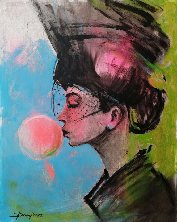 Malerei mit dem Titel "We love bubble gum…" von Olga David, Original-Kunstwerk, Acryl Auf Holzplatte montiert