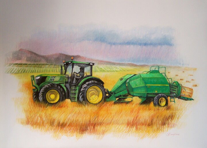 Tekening getiteld "Tracteur vert sur l…" door Olga David, Origineel Kunstwerk, Pastel