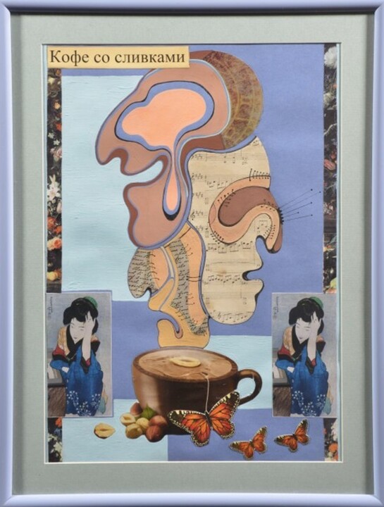 Collagen mit dem Titel "кофе со сливками" von Olga Gatieva, Original-Kunstwerk, Collagen Auf Holzplatte montiert