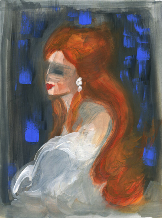 Картина под названием "The Lady with Red H…" - Olga Gordiiuk, Подлинное произведение искусства, Гуашь