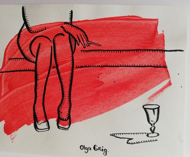 Dibujo titulada "alles in wijn" por Olga Grig, Obra de arte original, Acrílico