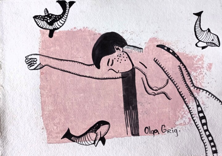 Drawing titled "walvis en vrouw" by Olga Grig, Original Artwork, Ink