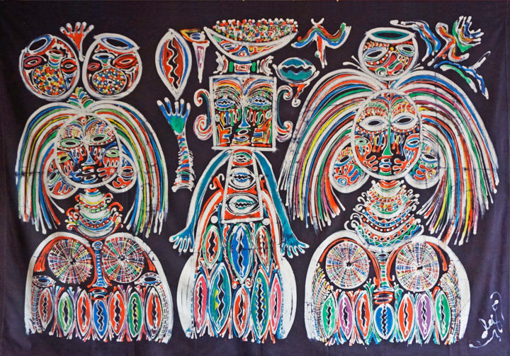 Textielkunst getiteld "Tata Soba" door Olga Indigo, Origineel Kunstwerk, pigmenten