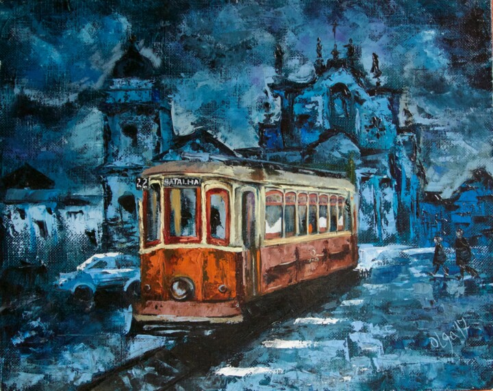 Painting titled "Tram in Porto" by Olga Ivanova, Original Artwork, Oil Mounted on Wood Stretcher frame