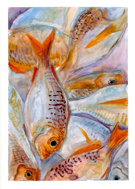 Картина под названием "Fishes" - Olga Ivanova, Подлинное произведение искусства, Акварель