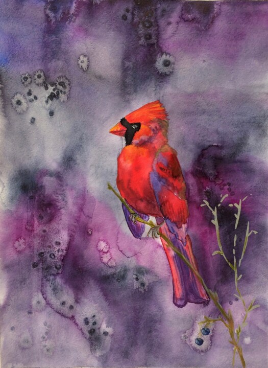 Painting titled "Cardinal" by Olga Ivanova, Original Artwork, Watercolor