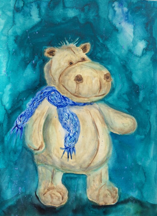 Картина под названием "Hippo in winter" - Olga Ivanova, Подлинное произведение искусства, Акварель