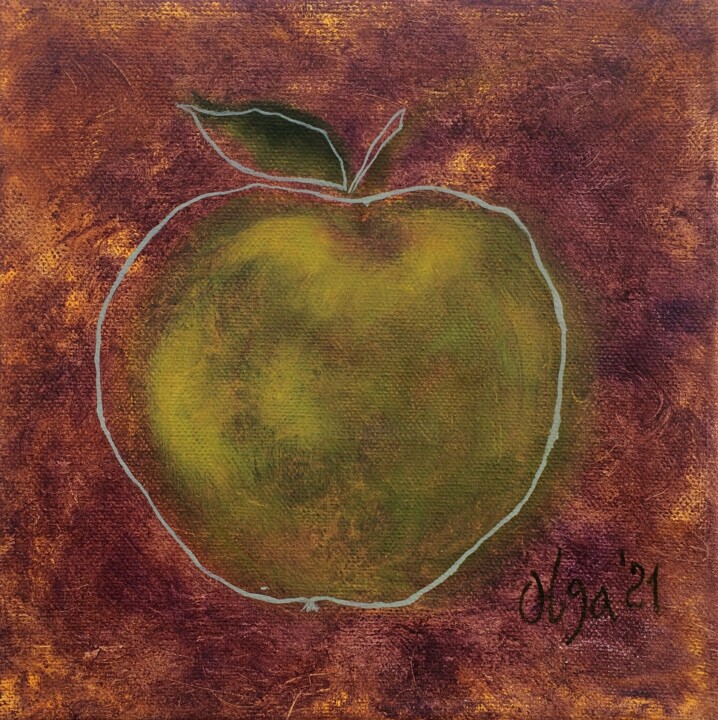 Painting titled "Apple" by Olga Ivanova, Original Artwork, Oil Mounted on Wood Stretcher frame