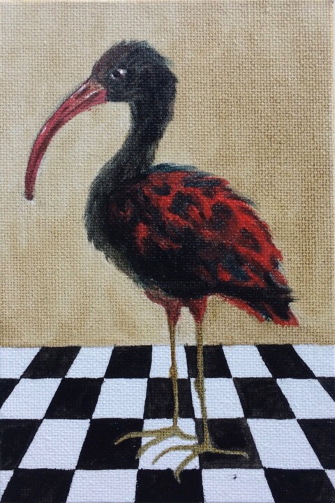 Painting titled "Black Ibis" by Olga Ivanova, Original Artwork, Oil Mounted on Cardboard