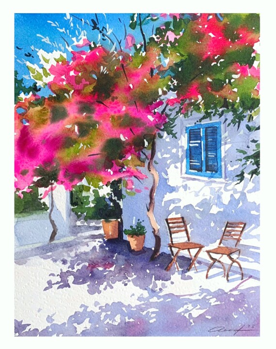Painting titled "Sunny day in Greece" by Olga Kharchenko, Original Artwork, Watercolor