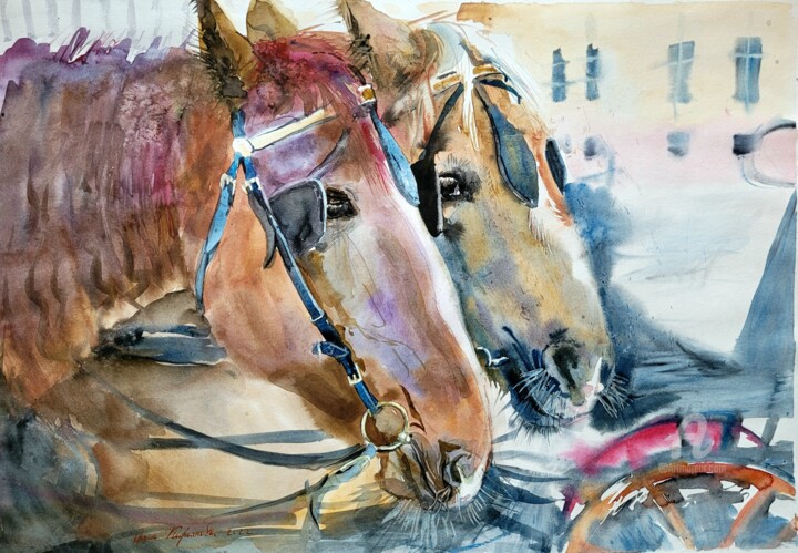 Pittura intitolato ""Рабочие лошади"" da Olga Kiriakova, Opera d'arte originale, Acquarello