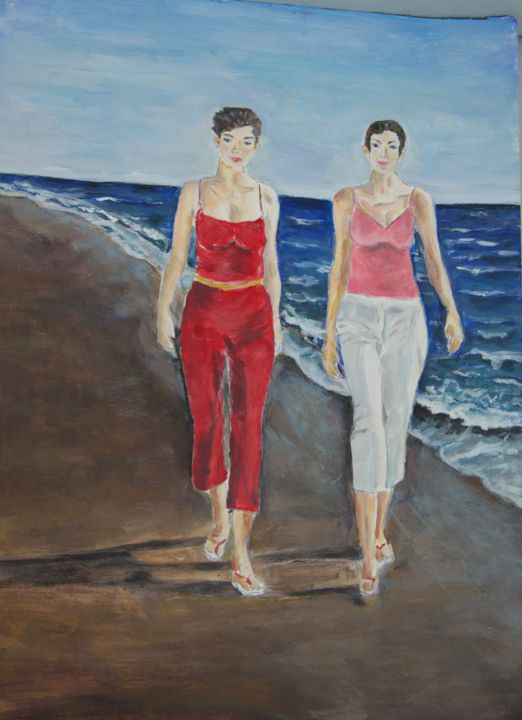 Malerei mit dem Titel "Frauen am Strand" von Polly Max, Original-Kunstwerk, Acryl