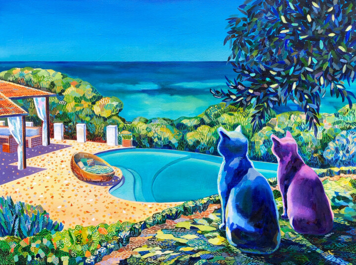 Peinture intitulée "The Traveling Cats.…" par Olga Krasovskaya, Œuvre d'art originale, Huile Monté sur Châssis en bois