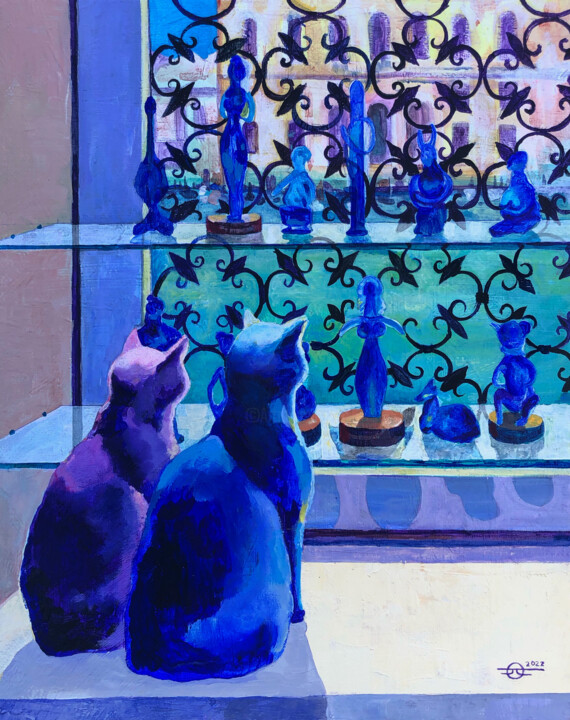 Ζωγραφική με τίτλο "The traveling cats…" από Olga Krasovskaya, Αυθεντικά έργα τέχνης, Ακρυλικό Τοποθετήθηκε στο Ξύλινο φορεί…