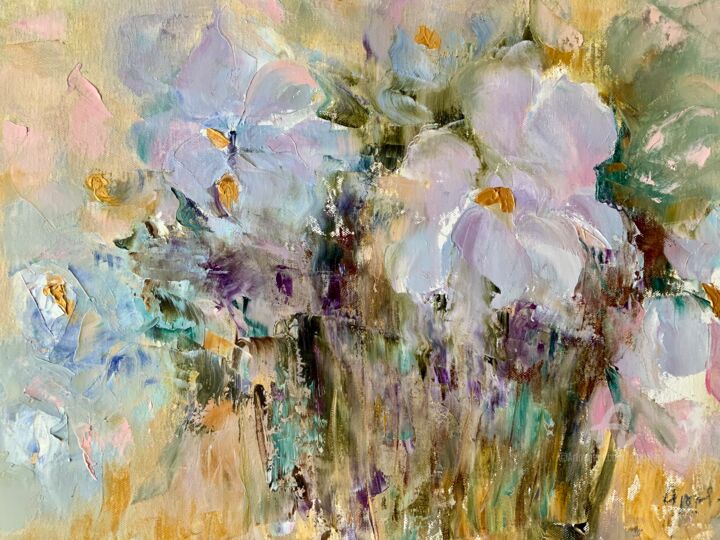 제목이 ",, Alpine irises ''"인 미술작품 Olga Liutova-Amplatz로, 원작, 기름 나무 들것 프레임에 장착됨