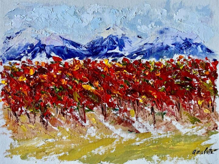 Peinture intitulée ",, Vigne rouge ’’" par Olga Liutova-Amplatz, Œuvre d'art originale, Huile Monté sur Panneau de bois