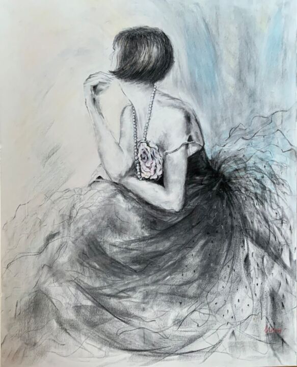 Painting titled "After the show" by Olga Liutova-Amplatz, Original Artwork, Charcoal Mounted on Wood Stretcher frame