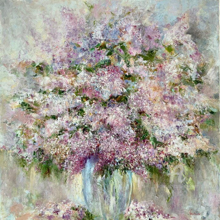 Painting titled "Lilac Delight" by Olga Liutova-Amplatz, Original Artwork, Oil Mounted on Wood Stretcher frame