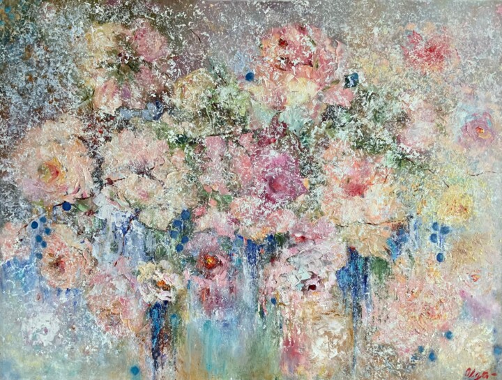 Painting titled "Snow waltz. Roses a…" by Olga Liutova-Amplatz, Original Artwork, Oil Mounted on Wood Stretcher frame