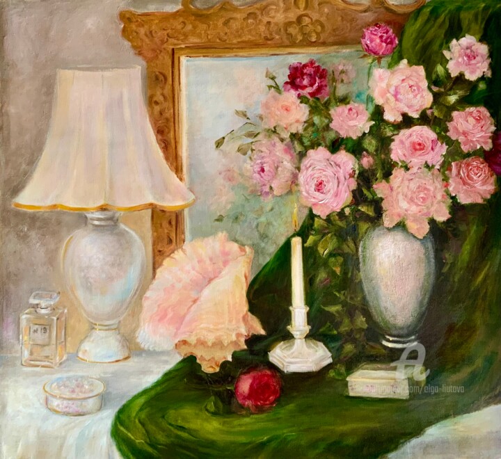 Painting titled "Still life with a c…" by Olga Liutova-Amplatz, Original Artwork, Oil Mounted on Wood Stretcher frame