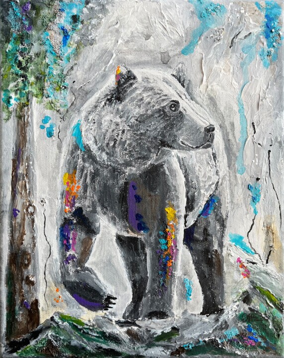 Картина под названием "Bear painting on ca…" - Olga Mart, Подлинное произведение искусства, Акрил Установлен на Деревянная р…
